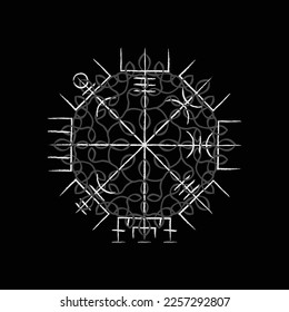 Thin lines Scandinavian viking vegvisir symbol isolated on black background. Grunge old sign for different designs and patterns