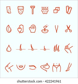 Thin lines web icon set. Sugaring, waxing, hair removing. Allergy, skin irritation, pain icons. Depilation and epilation. Depilatory area - legs, arms, mustache, eyebrows, bikini. Pain, allergenic.