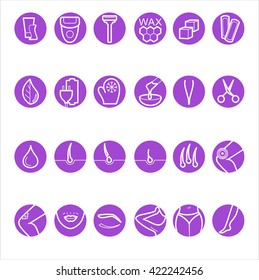 Thin lines web icon set. Sugaring, waxing, hair removing. Allergy, skin irritation, pain icons. 
