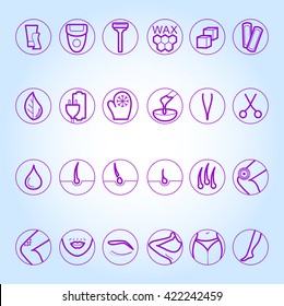 Thin lines web icon set. Sugaring, waxing, hair removing. Allergy, skin irritation, pain icons. Depilation and epilation. Depilatory area - legs, arms, mustache, eyebrows, bikini. Pain, allergenic.