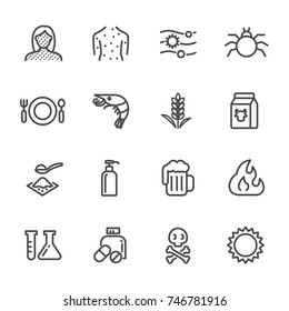 Thin Lines Web Icon Set. Causes Chronic Allergies And Allergy Symptoms & Treatment. Vector Line Icon