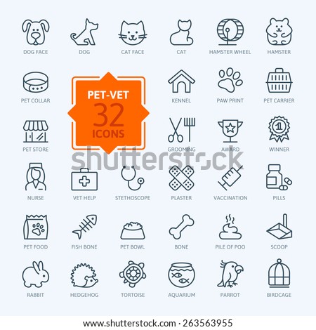 Thin lines web icon set - pet, vet, pet shop, types of pets 