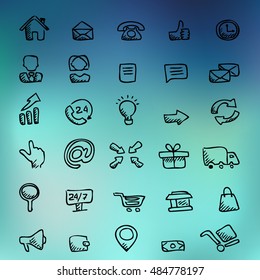 Thin lines web icons set - E-commerce, shopping. Sketch icons vector illustration on a blurred background
