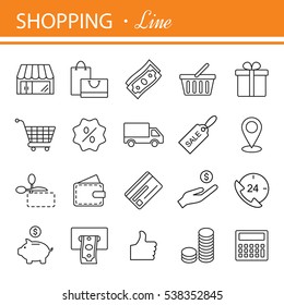 Thin lines web icons set - E-commerce, shopping. Universal internet icon to use in web and mobile UI, set of basic UI internet elements.