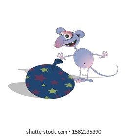 a thin little mouse found a bag of gifts. Vector illustration on a white background. Cartoon caricature on the theme of the new year.