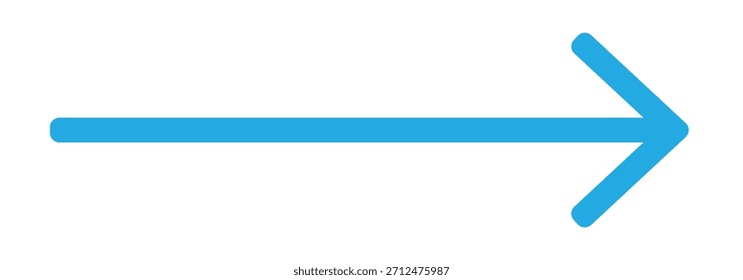 Dünnes langes blaues Pfeilsymbol. Vektor langer Pfeil, der auf die rechte Seite zeigt. Gerader, langer Pfeil einzeln auf weißem Hintergrund.