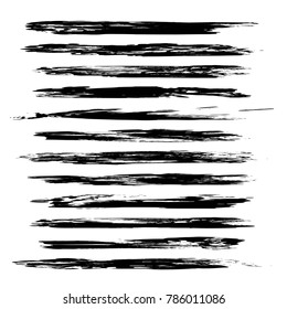 Thin long hand-drawn black brush strokes isolated on a white background