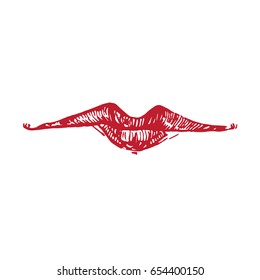 Thin, long lips shape (emotional skeptical or moderate), woodcut style design, hand drawn doodle, sketch in pop art style, isolated vector illustration