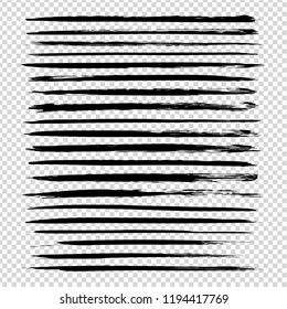 Thin long textured abstract black smears set isolated on imitation transparent background