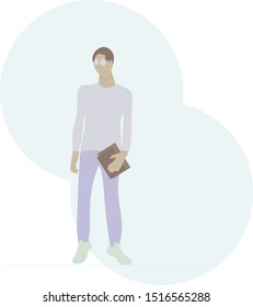 A thin man in glasses holds a book. Simple flat vector illustration.