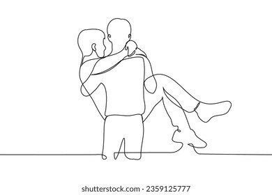 thin man or masculine teenager carries another large adult man as a bride - one line art vector. concept of the weak carrying the strong, making someone work hard, strong teenager