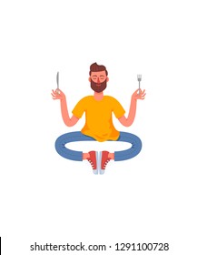 A thin man in a pose of meditation with a fork and a knife in his hands. A man meditates before eating. Vector illustration in cartoon style.