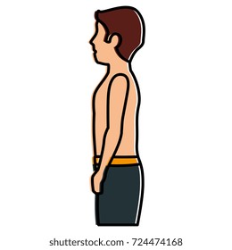 thin man shirtless in sports suit