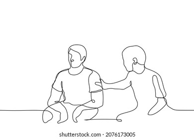 Thin Man Touching Biceps Of Athletic Man - One Line Drawing Vector. Sports Strong Body Envy Concept, Athlete Body Admiration, Homosexual Attraction To Bodybuilders