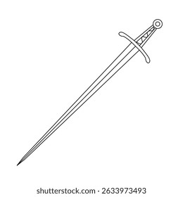 Espada medieval fina com um pomo redondo e guarda-costas simples. Ilustração de contorno desenhada à mão para colorir livros ou design gráfico com tema histórico.