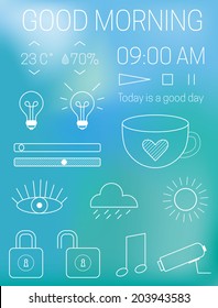 Thin mobile app interface design elements at blur blue background. Vector icons of light, music, lock, cctv, weather, eye.