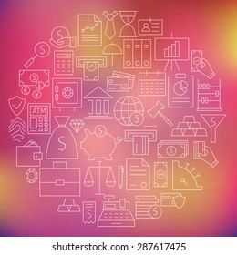 Thin Money Finance Banking Business Line Dieting Icons Set Circle Shaped. Vector Illustration of Bank Banking Objects over Colorful Blurred Background. Money and Finance Items. Business and Office. 