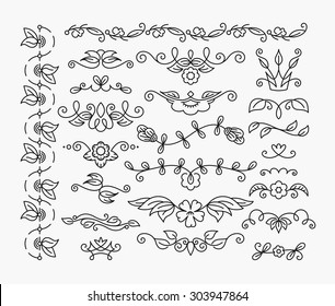 Thin mono line floral decorative design elements, set of isolated ornamental headers, dividers with leaves and flowers. 