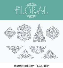 Thin mono line floral decorative design elements, set of isolated ornamental shapes. 