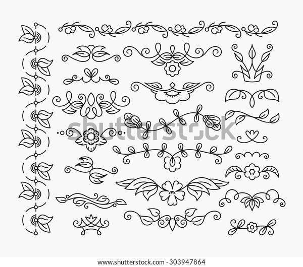 Thin mono line floral decorative design elements, set of\
isolated ornamental headers, dividers with leaves and flowers.\
