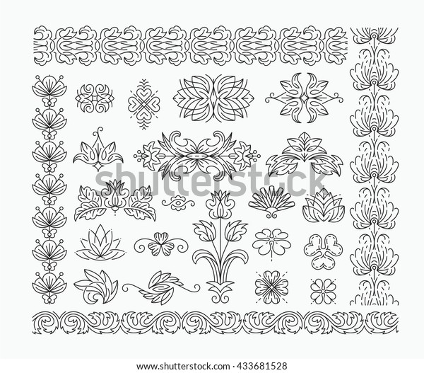 Thin mono line floral decorative design elements, vector\
set of isolated ornamental headers, dividers with leaves and\
flowers. Plus four seamless patterns, borders, brushes, can be used\
as frames. 