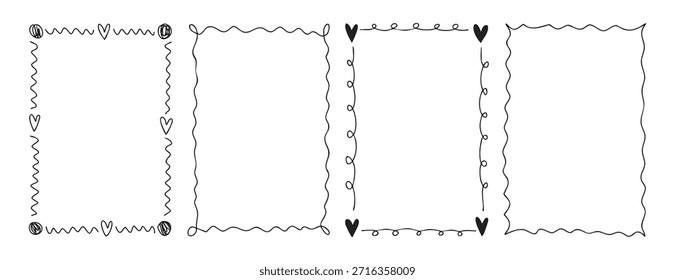 Delgados marcos románticos monocromáticos con corazones de arcos y líneas elegantes dibujadas a mano línea de arte. Ilustración vectorial.