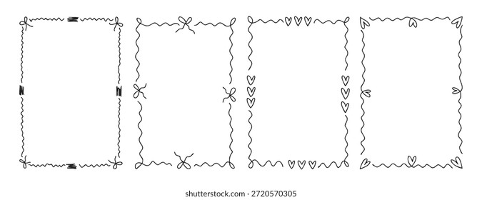 Delgados marcos románticos monocromáticos con corazones de arcos y líneas elegantes dibujadas a mano línea de arte. Ilustración vectorial.
