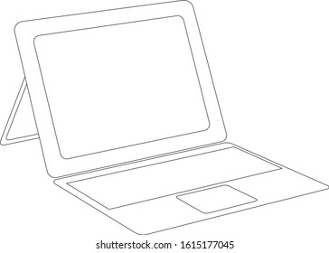 Thin one continuous line illustration drawing laptop device tablet computer. High technology and information concept.