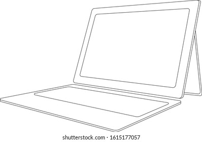 Thin one continuous line illustration drawing laptop device tablet computer. High technology and information concept.