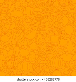 Thin Orange Vegetarian Healthy Food Line Seamless Pattern. Vector Website Design and Tile Background in Trendy Modern Outline Style. Fresh Local Market Food.