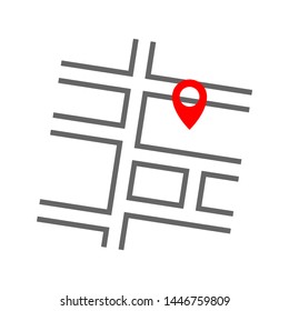 Thin out line red pin location gps icon with road street map. Geometric marker flat shape element. Abstract EPS 10 point illustration. Concept vector sign.