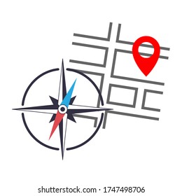 Thin out line red pin location gps icon with road street map and nautical compass symbol. Geometric marker flat shape element. Abstract EPS 10 point illustration. Concept vector sign.