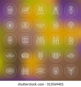 Thin Outline Beer Oktoberfest Circle Line Icons Set. Vector Collection of Holiday Modern Thin Line Circle Icons for Web and Mobile over Blurred Colorful Abstract Background