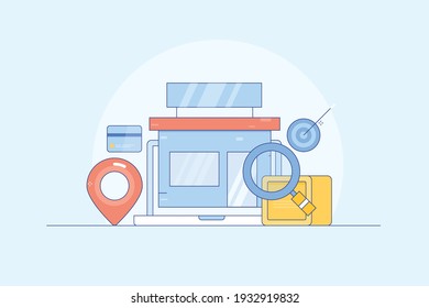 Thin outline concept eCommerce SEO, Local marketing, Location store, online business search - vector line illustration with icons