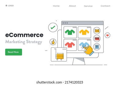 Thin outline concept of eCommerce website, eCommerce marketing, SEO for online store - vector illustration with icons and texts