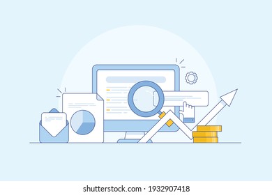 Thin outline concept of SEO, search engine optimization, search marketing, digital marketing strategy - vector line illustration with icons