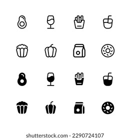 Thin outline and filled vector food and drink icon set vector, avocado, wine, french fries, Ice Drink, Popcorn, Meal, Paprica, donnut, cake, fish steak, eel, oyster, tuna, octopus, grilled and etc