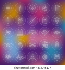 Thin Outline Halloween Circle Line Icons Set. Vector Collection of Scary Autumn Holiday Modern Thin Line Circle Icons for Web and Mobile over Blurred Colorful Abstract Background. Sweets and Treats