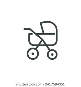 Thin Outline Icon Baby Carriage or Baby Buggy. Such Line Sign as Perambulator, Baby Transport. Vector Isolated Pictogram for Web and App on White Background Editable Stroke.