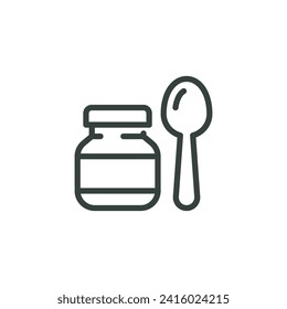 Thin Outline Icon Baby Food Jar With Spoon. Such Line Sign as Baby Puree, First Meal, Child Nutrition. Vector Isolated Custom Pictogram for Web and App on White Background Editable Stroke.