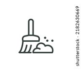 Thin Outline Icon Broom, Besom or Short Brush of Bound Straw Near a Pile of Garbage. Such Line sign as Cleaning Garbage, Cleanup, Sweeping. Vector Computer Pictograms White Background Editable Stroke.