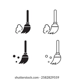 Thin Outline Icon Broom, Besom or Short Brush of Bound Straw Near a Pile of Garbage. Such Line sign as Cleaning Garbage, Cleanup, Sweeping. Vector Computer Pictograms White Background Editable Stroke.