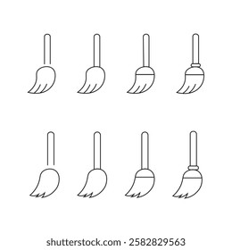 Thin Outline Icon Broom, Besom or Short Brush of Bound Straw Near a Pile of Garbage. Such Line sign as Cleaning Garbage, Cleanup, Sweeping. Vector Computer Pictograms White Background Editable Stroke.