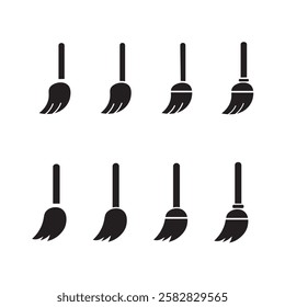 Thin Outline Icon Broom, Besom or Short Brush of Bound Straw Near a Pile of Garbage. Such Line sign as Cleaning Garbage, Cleanup, Sweeping. Vector Computer Pictograms White Background Editable Stroke.