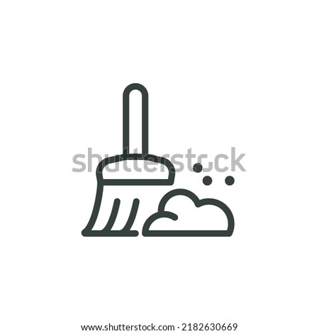 Thin Outline Icon Broom, Besom or Short Brush of Bound Straw Near a Pile of Garbage. Such Line sign as Cleaning Garbage, Cleanup, Sweeping. Vector Computer Pictograms White Background Editable Stroke. ストックフォト © 