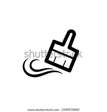 Thin Outline Icon Broom, Besom or Short Brush of Bound Straw Near a Pile of Garbage. Such Line sign as Cleaning Garbage, Cleanup, Sweeping. Vector Computer Pictograms White Background Editable Stroke.