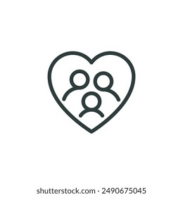 Thin outline icon family or group of people in heart symbol. Line sign concept of family care, care humanity, group life Insurance, empathy or caring. Vector isolated pictogram editable stroke.