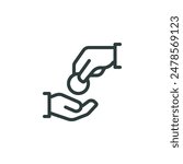 Thin Outline Icon Hand Gives a Coin to the Other Hand. Such Line Sign as Charity or Donation, Contribution and Sponsorship. Vector Isolated Pictogram on White Background Editable Stroke.