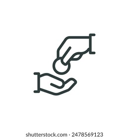 Thin Outline Icon Hand Gives a Coin to the Other Hand. Such Line Sign as Charity or Donation, Contribution and Sponsorship. Vector Isolated Pictogram on White Background Editable Stroke.