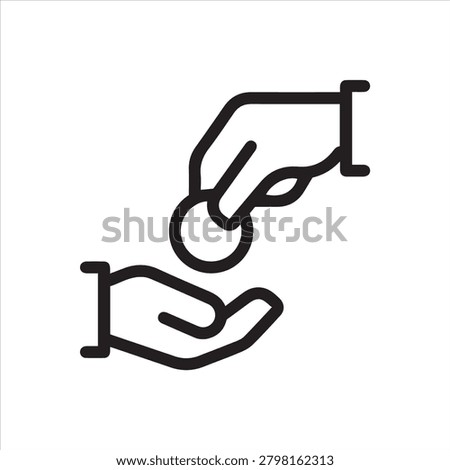 Thin Outline Icon Hand Gives a Coin to the Other Hand. Such Line Sign as Charity or Donation, Contribution and Sponsorship. Vector Isolated Pictogram on White Background Editable Stroke.